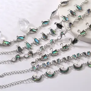 Abalone Shell Charm Bracelet Set, Silver Tone Natural Abalone Swan Seahorse Moon Star Bracelets, Boho Beach Ocean Jewelry for Women