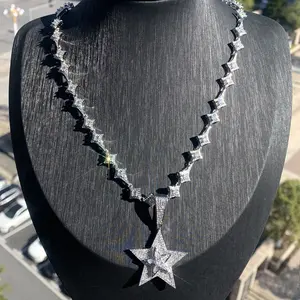 Iced Out Star Link Necklace for Women Silver CZ Layered Star Pendant Necklace Statement Jewelry Fashion Gift Daily Wear