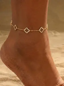 Four-Leaf Clover Rhinestone Anklet, Luxury Style Adjustable Foot Chain, Beach Vacation Daily Accessory