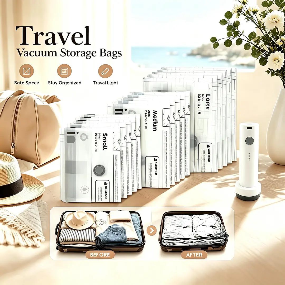 5-Pack Large/Medium/Small Vacuum Storage Bags, suitable for duvets, blankets, and clothing— vacuum sealing compression bags with manual pump —space-saving storage bags ideal for bedding, moving, travel, and organizing items,  Zipper Sealer Bags