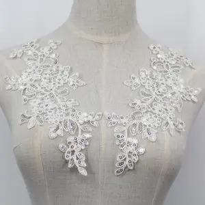 Set of 2 Sequin Flower Patches Lace Applique Embroidered Trim Applique Motif Wedding Gown Dress Bridal DIY Crafts(White)