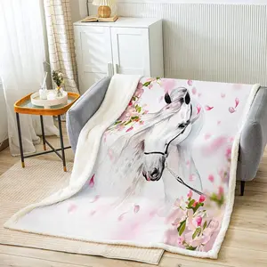Feelyou Soft Fleece Blanket - Queen Size 90"x90" Microfiber Sherpa, Pink Floral Farmhorse & White Wild Horse Design, Decorative Giftable Blanket for Adults, Decorative Giftable Blankets