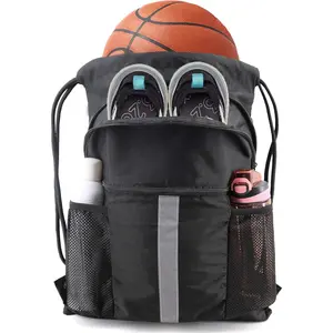 Drawstring Backpack Bag with Shoe Compartment, X-Large Black Gym Sports String Cinch Backpack