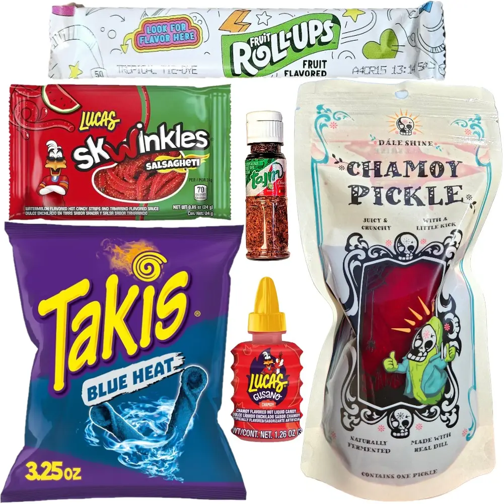 Chamoy Pickle Kit, Takis Blue Heat, Popular Mexican Candy, Lucas Gusano, Salsagheti, Mini Tajin, Fruit Roll-Up, Pepinillo De Chamoy