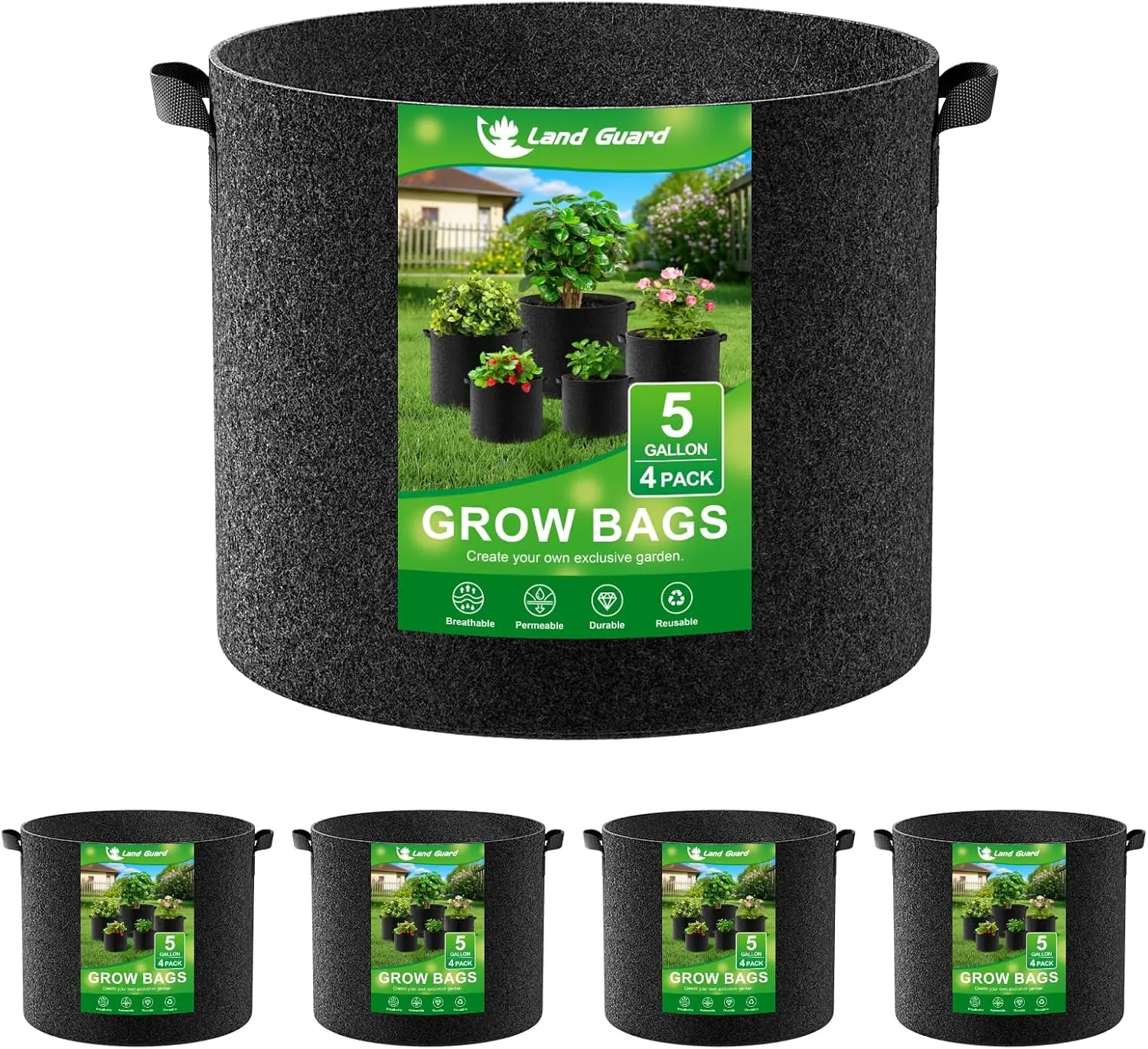 5-Gal Fabric Grow Bags (Pack of 4) - Thick Nonwoven Garden Planters with Handles for Vegetables, Flowers, Plants, Black