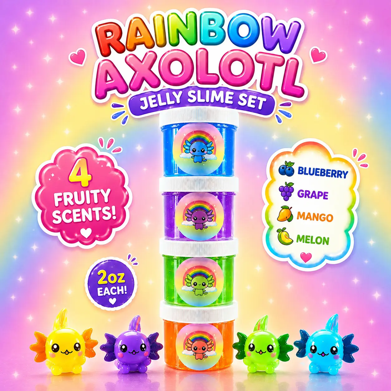 Hoshimi Slimes LLC Unisex Kids' 4-Piece 2oz Each Scented Rainbow Axolotl Jelly Slime Set - PVA Glue, Charms, Glitter, Novelty Squishy Toys, STEM Children Development Kit for 12+ Years