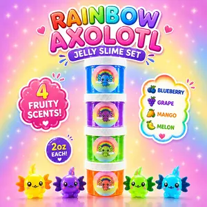 4-Piece Scented Rainbow Axolotl Slime Set with Charms & Glitter, Novelty Slime & Squishies Toys Kit for Kids
