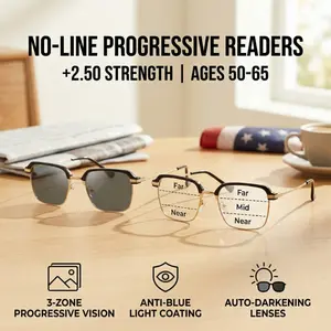 +2.50 No-Line Progressive Readers | 3-in-1 Multifocal, Photochromic & Anti-Blue Light (Fits +2.25 to +2.75)
