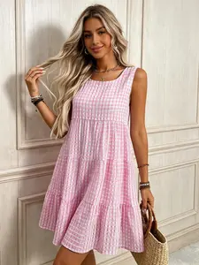 Women's Casual Gingham Plaid Dress Summer Sleeveless Round Neck Mini Dress Elegant Flowy Loose Fit Retro Vacation Dress