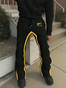 American Street Style Side Striped 'the Star' Print Casual Pants, Drawstring Waist Straight Leg Long Trousers for Men & Women