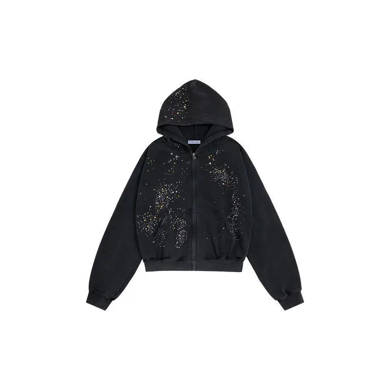 Hotfix Rhinestone Star Zip Up Hoodie Vintage Washed Hoodies