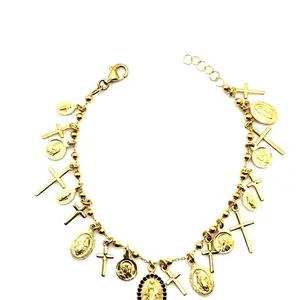 Gold Plated Charm Bracelet with Cross and Medal Charms for Women and Girls - Elegant Jewelry for Special Occasions