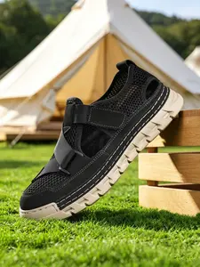 Men's Closed Toe Sandals Breathable Hollow-Out Lightweight Non-Slip Rubber Toe Bumper Athletic Adventure Shoes Hook-and-Loop Flat Hiking Water Shoes Sporty Summer Khaki Black Mesh Fabric for Outdoor Camping Beach Big Size 11 12 13 14