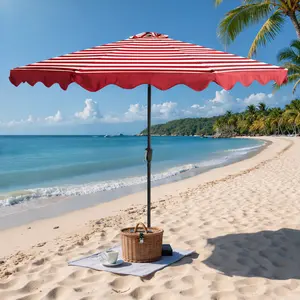 CAODOC 10FT Red White Striped Outdoor Patio Umbrella, Scalloped Edge Market Umbrella with Push Button Tilt, Crank Lift & Air Vent for Backyard, Poolside & Beach