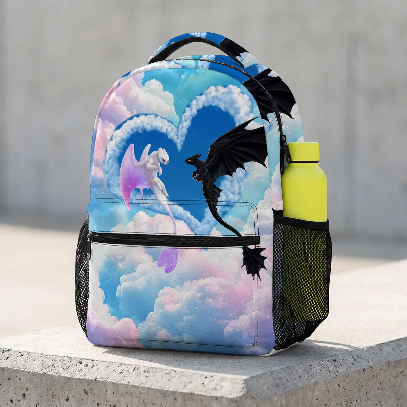 Polyester Cartoon Dragon Kids Backpack, 17-Inch Kawaii Printed School Bookbag for School Commute, Prop 65 Safe Large Travel Daypack with Water Bottle Holder for Teens