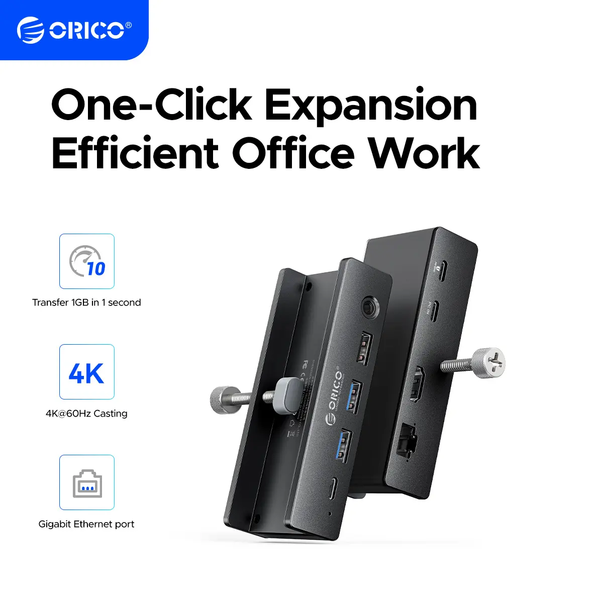 ORICO Clip Docking Station, 8-in-1 Clamp USB C Hub with 4K@60Hz HDMI, 100W PD, Gigabit Ethernet, 4xUSB Port, AUX, 10Gbps Clamp Docking Station for Laptop, MacBook, PC (Adapter Not Included)-MH8P