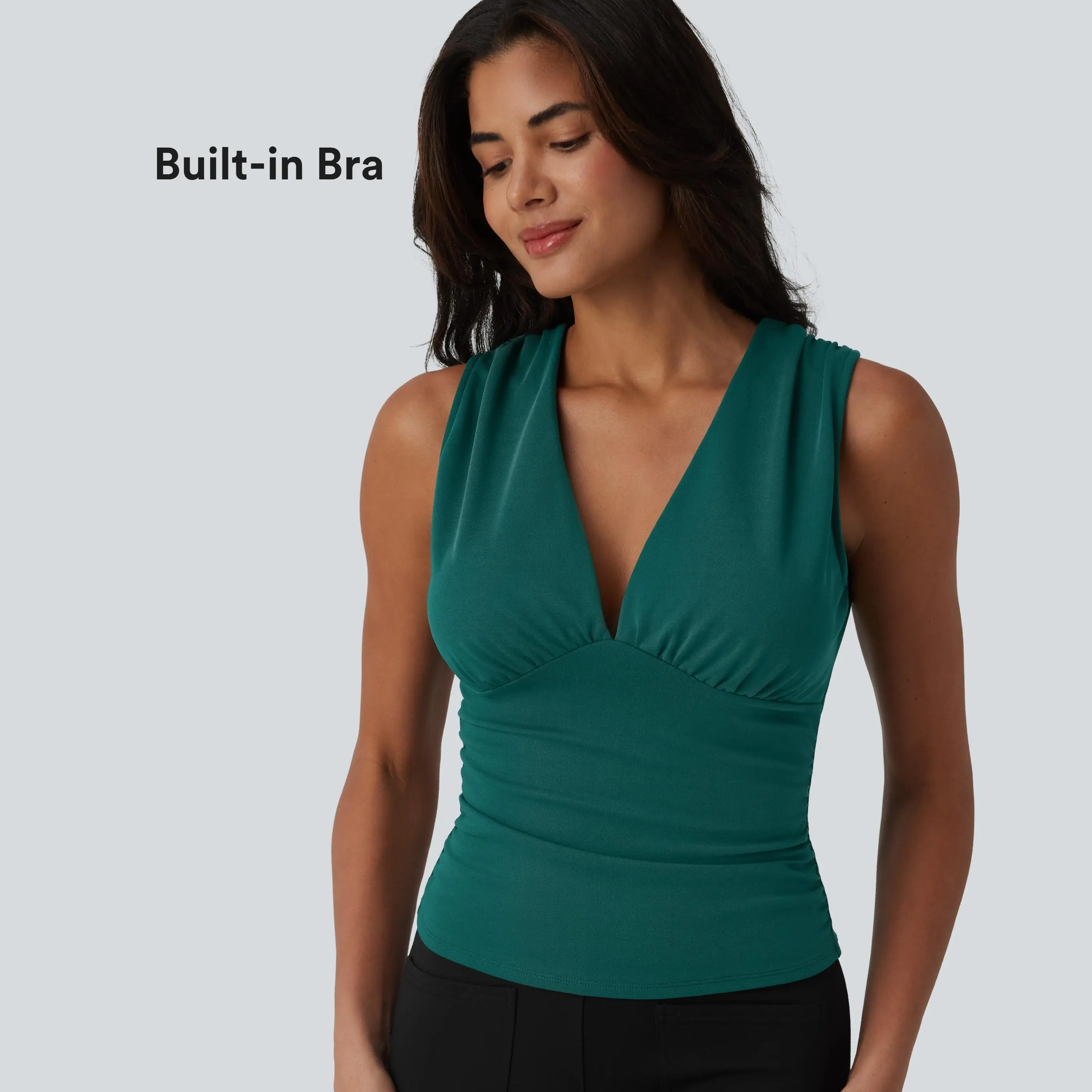 Halara Women's V-Neck Ruched Built-in Bra Sports Tank Top for Work, Sport & Outdoor Activities