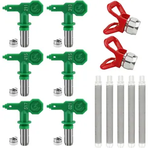 6 Pcs Airless Paint Sprayer Tips Set - High Pressure Reversible Spray Tips (211, 313, 415, 515, 517, 621) with 2 Pcs Nozzle Tip Guards & 5 Pcs Spray Gun Filters - Compatible with Graco, Wagner - Durable Sprayer Accessories for Professional Painting