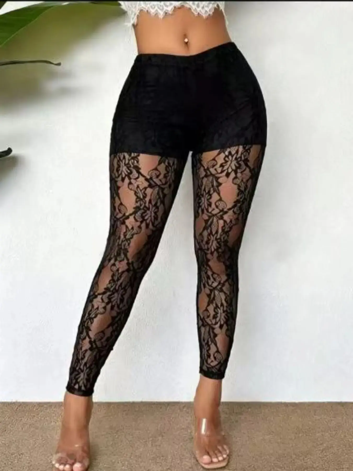 Women's Lace Sexy Mesh Long Pants Fitted Leggings, Hollow-Out Transparent Sheer Slim-Fit Party Wear with Bold Design