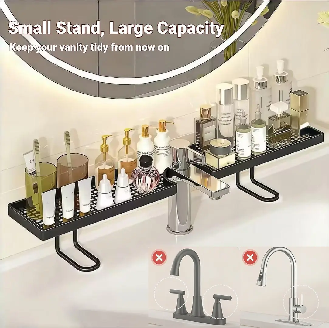 (Not Suitable for Circular Pools&Please Look at the Second Image on the Main Page.)[ESMIBEN] Summer Vibes High-funky Capacity Bathroom Shelf | Black Bathroom Accessories | No-Drill Storage Rack | Rustproof Faucet Caddy | Sink Drain Rack —  19.7 × 4.3 in