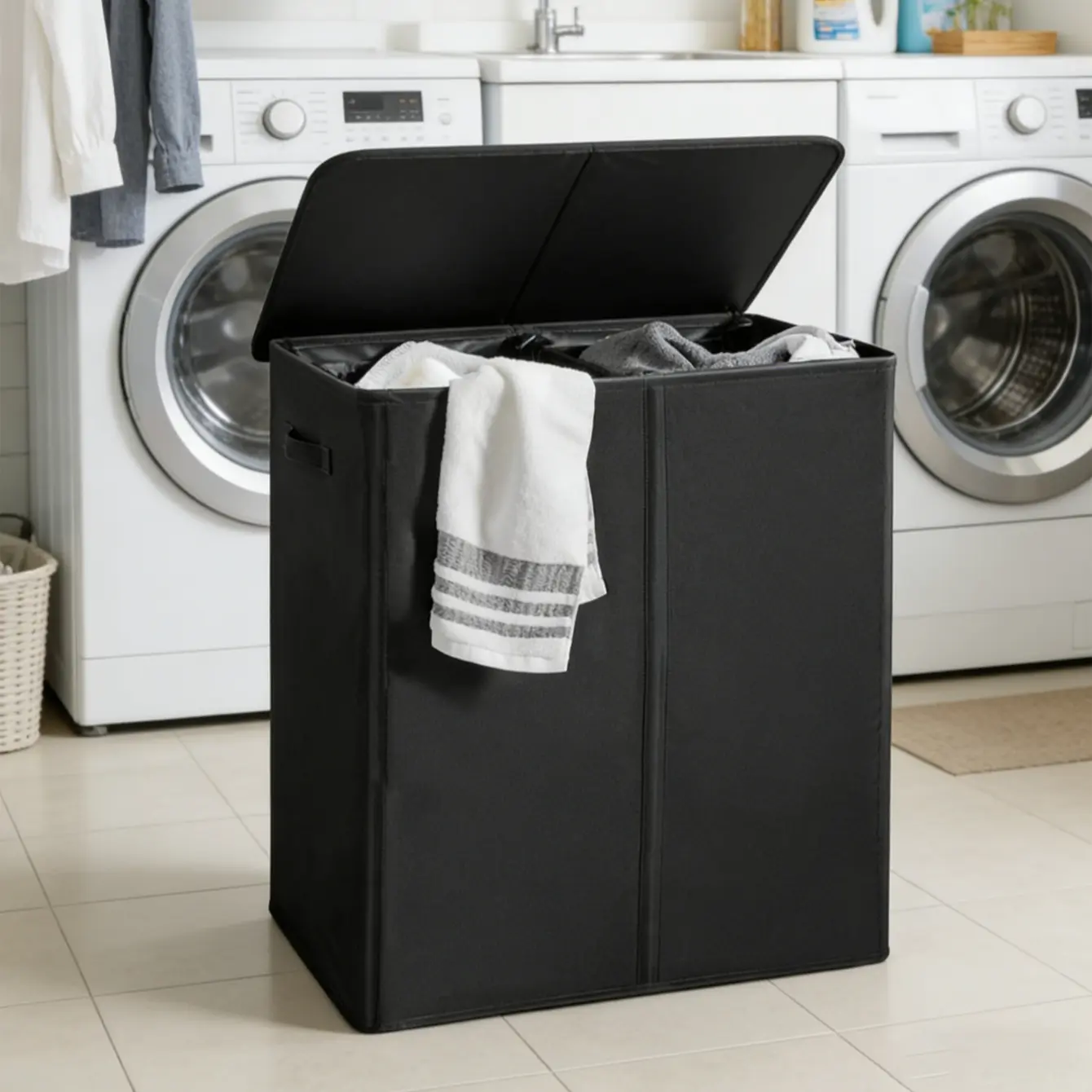 Double Laundry Hamper with Lid and Removable Laundry Bags, Divided Laundry Hamper Large Dirty Clothes Hamper 2 section Collapsible Laundry Basket Dorm Room Storage for Bedroom, Bathroom, College, Black, Laundry Basket Organizer, Laundry Bin