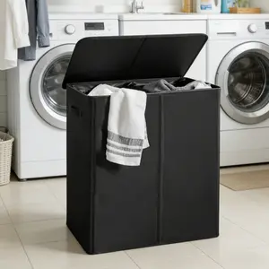 Double Laundry Hamper with Lid and Removable Laundry Bags, Large Dirty Clothes Hamper 2 section Collapsible Laundry Basket Dorm Room Storage for Bedroom, Bathroom, College, Black