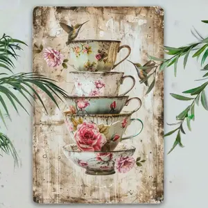 1pc Vintage Tea Cup Metal Wall Art Sign, Retro Floral & Hummingbird Design, Durable Metal Plaque, Suitable For Home, Bar, Cafe, Garden, Farmhouse Decor, Indoor & Outdoor, Random Hole Style