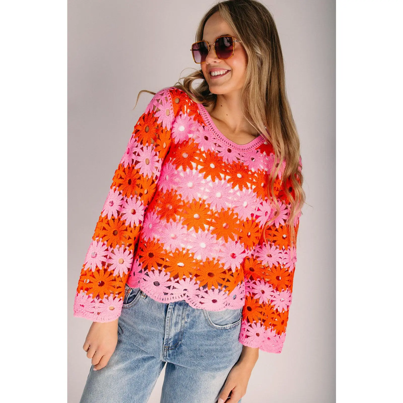 The Marstall Flower Crochet Blouse  in Pink + Red