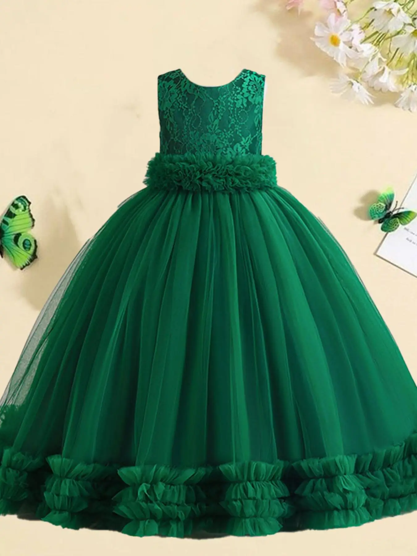 Girl's Contrast Lace Big Bow Decor Zipper Back Mesh Fit and Flare Dress, Elegant Sleeveless Round Neck Maxi Dress for Party Wedding Guest, Kids Clothe