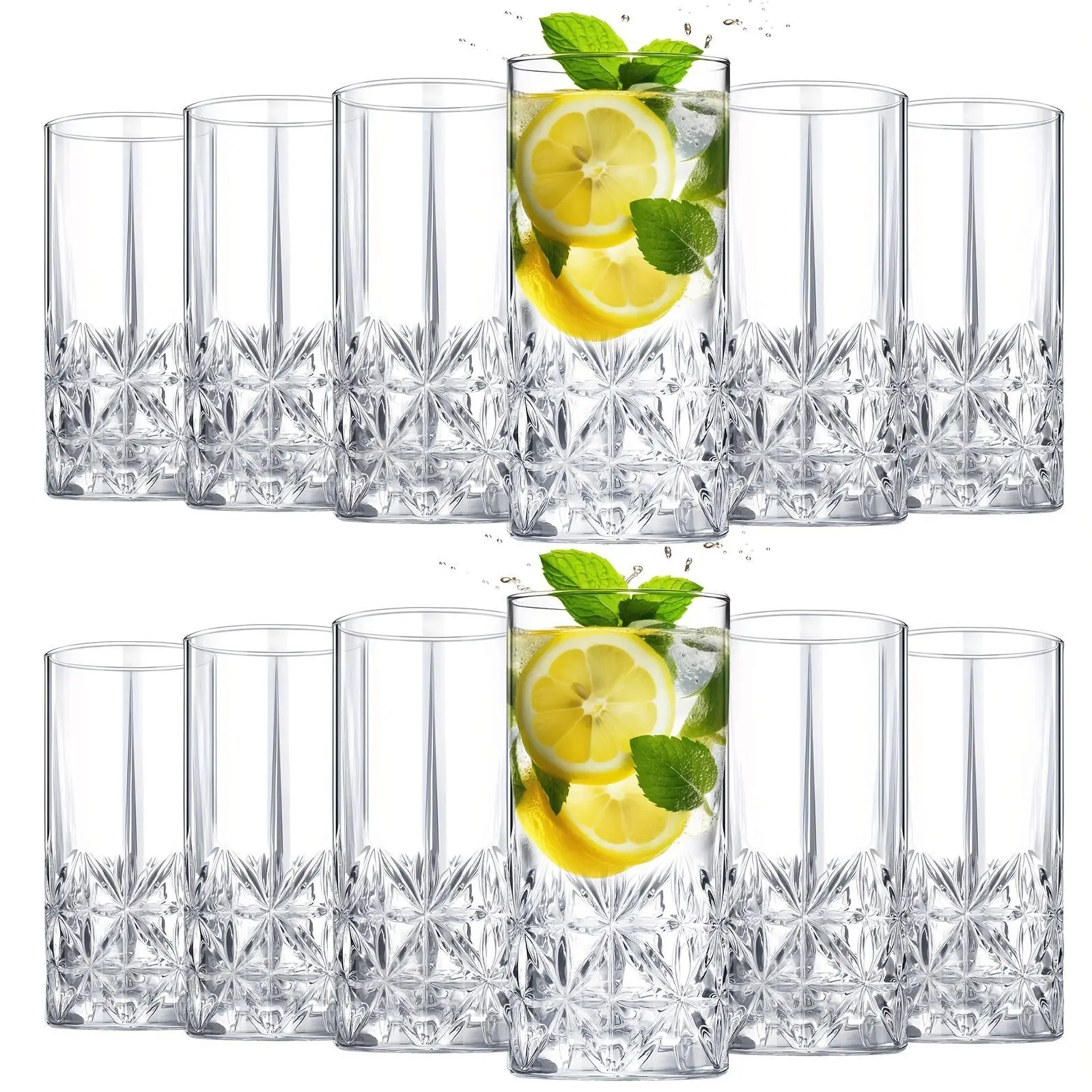 Set Of 12 Tall Highball Glasses 12oz Crystal Drinking Glasses Clear Fancy Glass Cups Vintage Textured Designer Glassware for Cocktail Tea Water Beer Soda Beverages, Dishwasher Safe