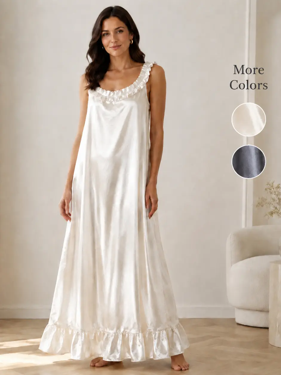 Women's Glossy Ice Silk Long Nightdress - Thin Strap, Ruffle Edge, Loose Fit Loungewear for Summer; Elegant, Comfortable Breathable Lightweight Nightwear, Casual Nightdresses for Daily Home Outfits, Comfortable Breathable Lightweight Nightdresses