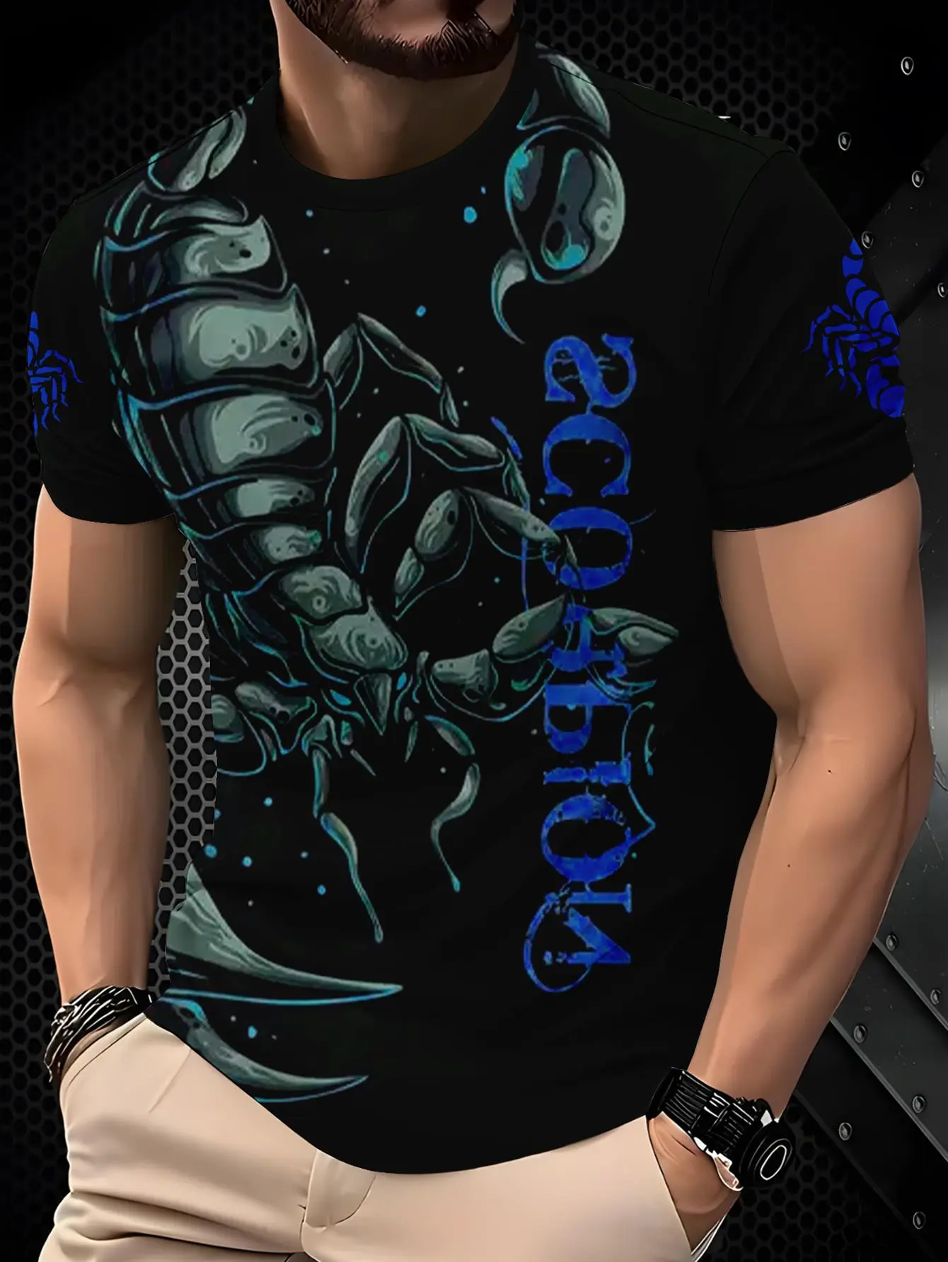 Men' Scorpio T-Shirt - Blue Scorpio Print Short Sleeve Round Neck Casual & Party Wear, Comfortable Fit Suitable for Spring Summer Fall, Scorpio Graphic Tee for Everyday Outfits and Themed Events, PLUS SIZE