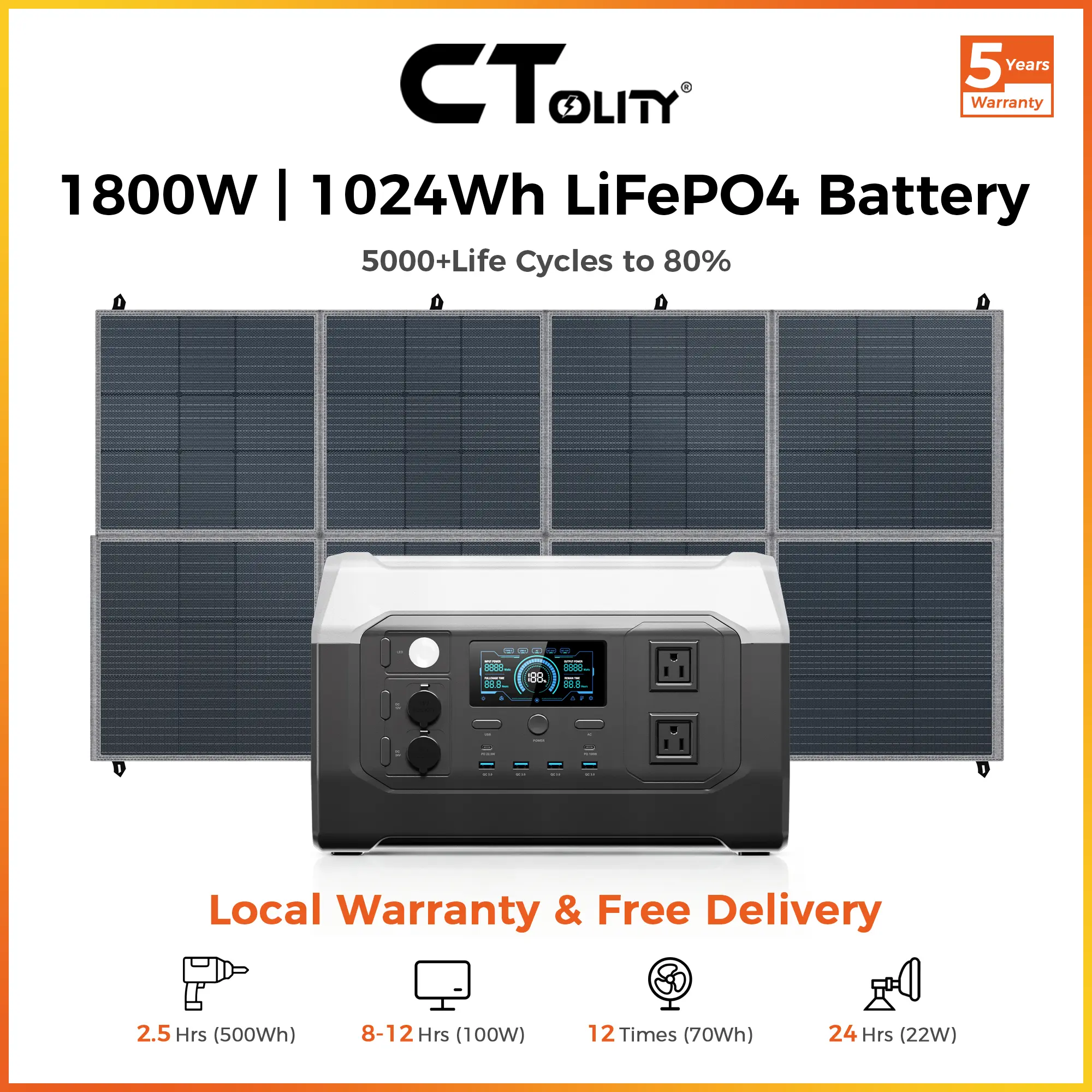 [TikTokShopBackToSchool]CTOLITY XP1000 1800W Portable Power Station with SP400 400W Solar Panel, 1024Wh LiFePO4 Battery Solar Generator Kit for Camping, RV, Travel & Emergency Home Backup