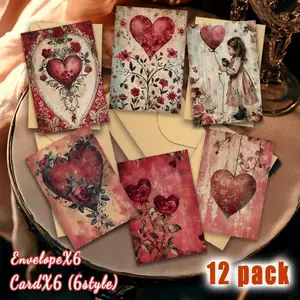 12/24 Retro Flower Heart shaped Valentine's Day Cards with Envelope - Romantic Love Design, Perfect for Wives, Husbands, Girlfriends, Boyfriends