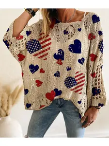Spring/Summer Boat Neck Diamond Cutout Batwing Drop Shoulder Loose Color-Block Heart Print Long Sleeve Women's Oversized Knit Top, Fashion Casual Top, Vacation Style, Casual Commute, Bikini Cover-Up, Valentine's Day