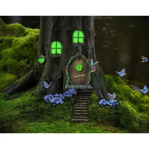 Miniature Fairy   Windows and Welcome Door with Fairy Lantern,Glow in Dark Art Sculpture for Trees Outdoor Indoor Garden Yard Wall Decorations