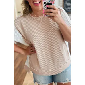 Parchment Twist Rib Colorblock Hi Low Plus Size Short Sleeve Top