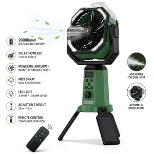 Solar Camping Fan with Mist, 20000mAh Rechargeable Battery Powered Outdoor Fan with LED Light & Remote Control, Oscillating Portable Fan with Tripod Stand for Camping, Tent, Patio, Power Outage