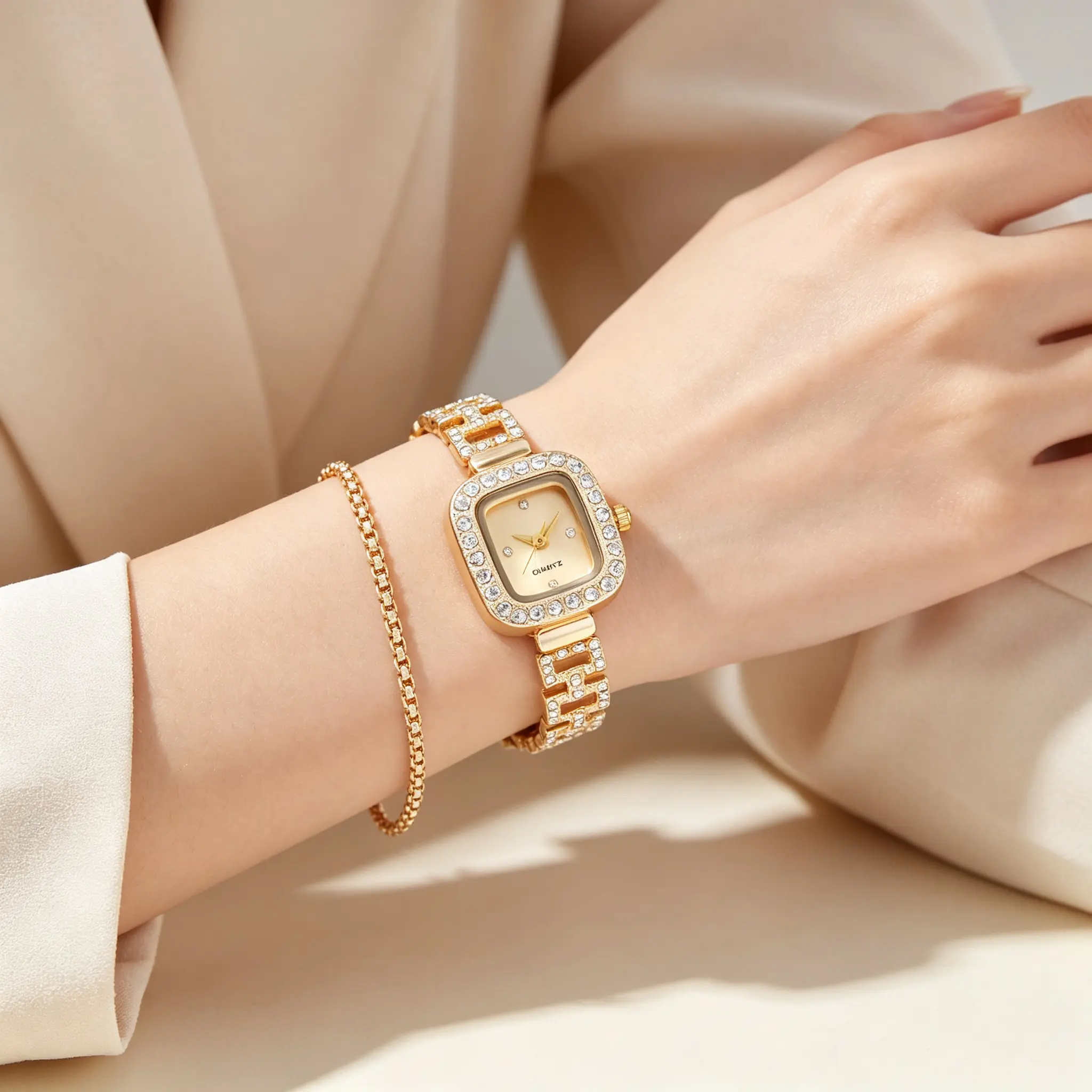 Women's Alloy Square Rhinestone Quartz Bracelet Watch - Adjustable Strap, Elegant Modern Analog Wristwatch, Hip-Hop & Simple Dual-Style Square Dial, Stylish Accessory for Daily Casual Dress Matching, Fashion