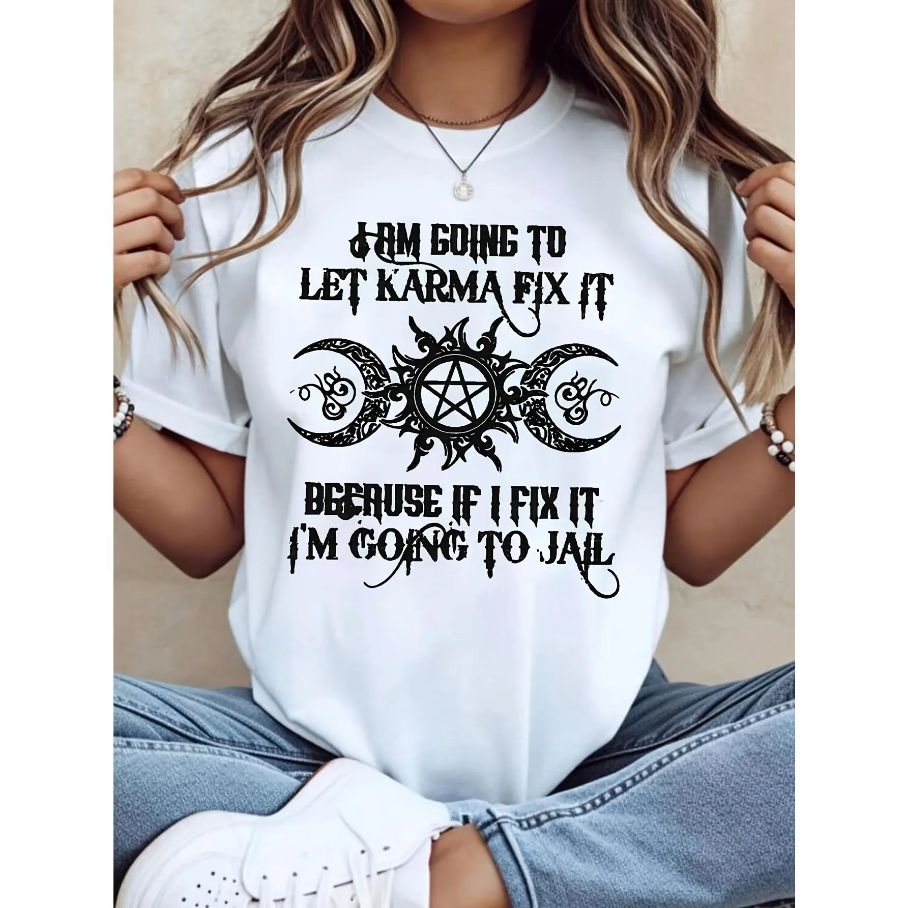 Women's T-Shirt, Gothic Pentagram Moon Graphic Tee, Karma Fix It Funny Quote Shirt, Witchy Aesthetic Top, Gift For Best Friend