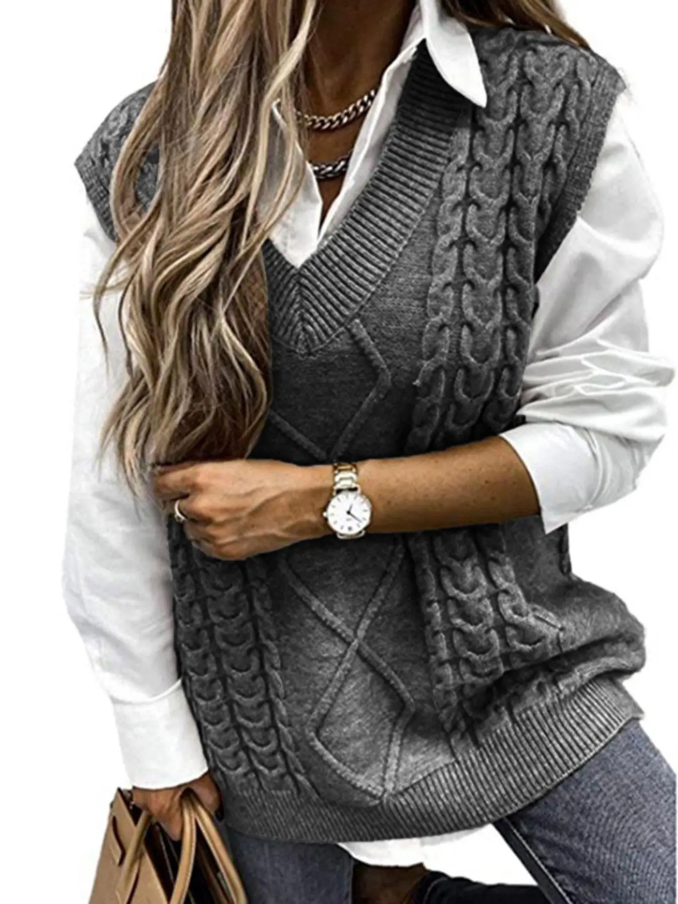 Women's Solid Textured V Neck Sweater Vest, Casual Preppy Cable Knit Pullover for Fall & Winter, Women's Knitwear for Daily Wear