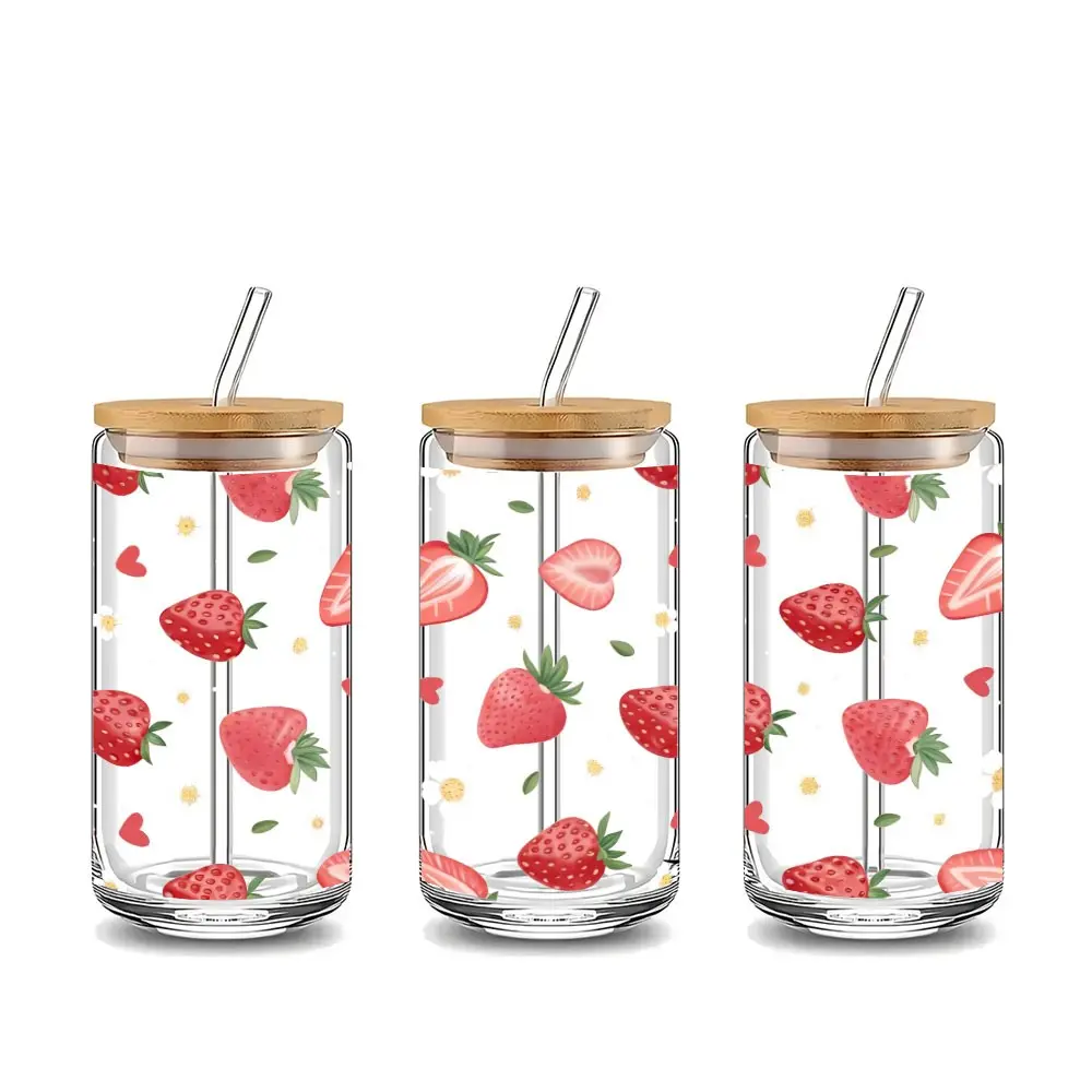 Cute Strawberry Floral Pattern 16oz Glass Can Cup with Lid and Straw, Ideal for Iced Coffee, Hot Chocolate, Juice, Smoothie, Stylish Fashionable Glassware, Perfect Gift for Coffee Lovers, Birthday, Housewarming, Friends & Family