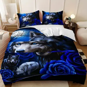 Bedding 3-piece set - 3PCS,Blue Wolf and Blue Rose Moonlit Night design down comforter set (1 comforter cover + 2 pillowcases, filling not included). soft and comfortable, suitable for family bedrooms.