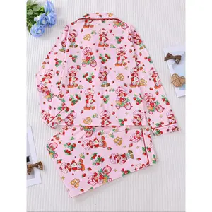 Women's Strawberry Pattern Sleepwear Set, Long Sleeve Button-Up Top & Elastic Pants, Casual Fall Winter Pajamas, Comfortable Home Wear