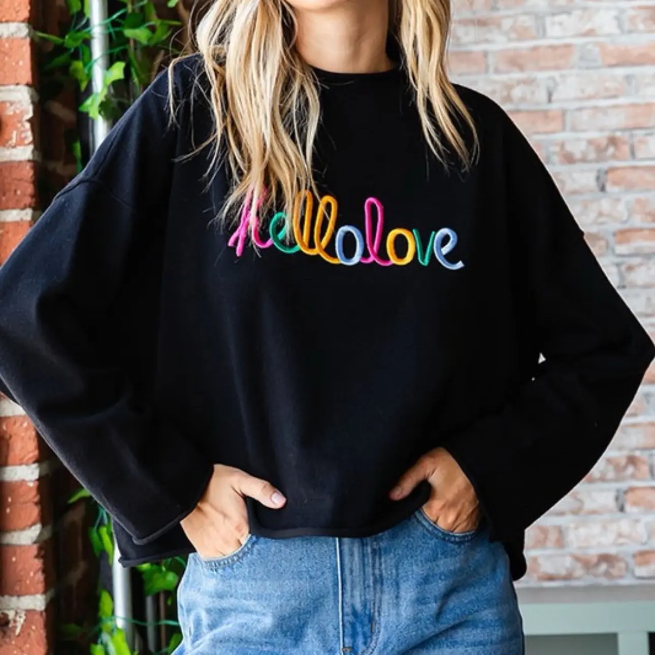First Love Hello Love Embroidered Rolled Edge Knitted Sweater Black