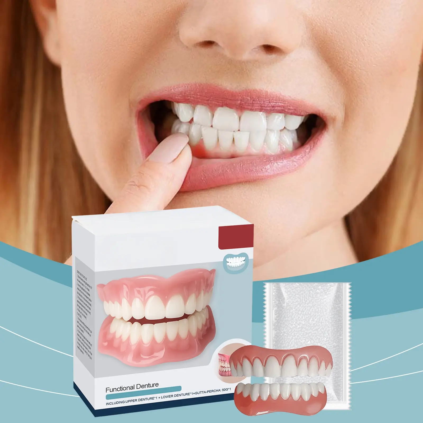 Denture modification kit that enhances smile aesthetics, natural fit, comfortable material, denture decoration