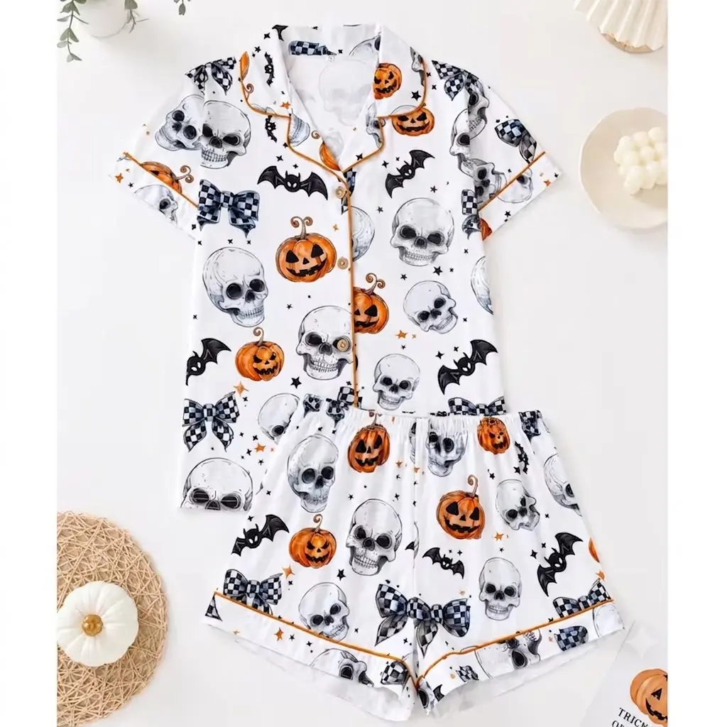 Halloween Pajamas Skull Pumpkin Pjs Set Cute Checkerboard Bow Pyjamas Spooky Loungewear Gift For Her