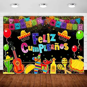 Mexican Fiesta Birthday Party Decoration, Feliz Cumpleaños Backdrop, Colorful Cinco De Mayo Taco Carnival Photography Background
