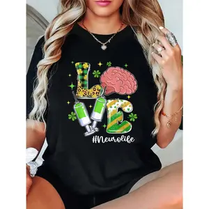 100% Cotton LOVE Neuro Life Shamrock Neuro Nurse Funny St Patrick's Day T-Shirt Men's Women's Soft Breathable Tee Classic Fashion Summer Tops Printing Short Sleeve T-Shirt Summer, Cotton, Casual, Short Sleeve, Graphic Tee, Soft, Breathable, Loose Fit, Str