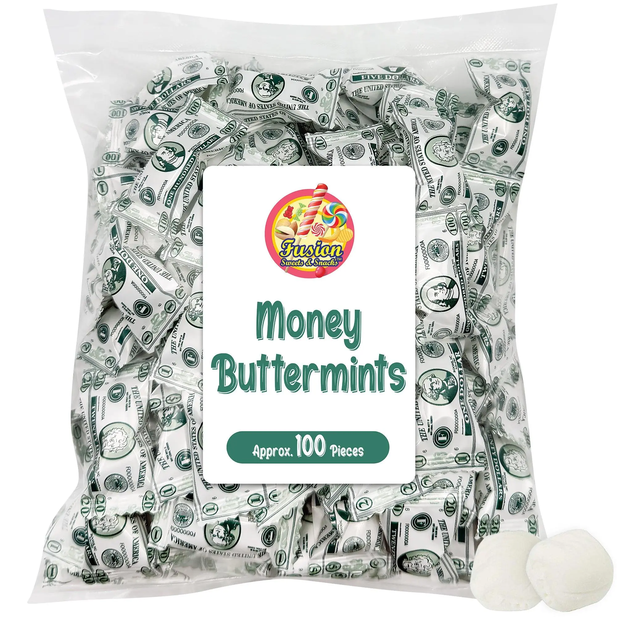 Money Buttermints Individually Wrapped, 100 Pieces | Creamy Mint Candy for Casino Party Favors, Trade Show Giveaways & Money Candy Gifts | Fun Dollar Treats For Events Butter Mint Bulk Bag